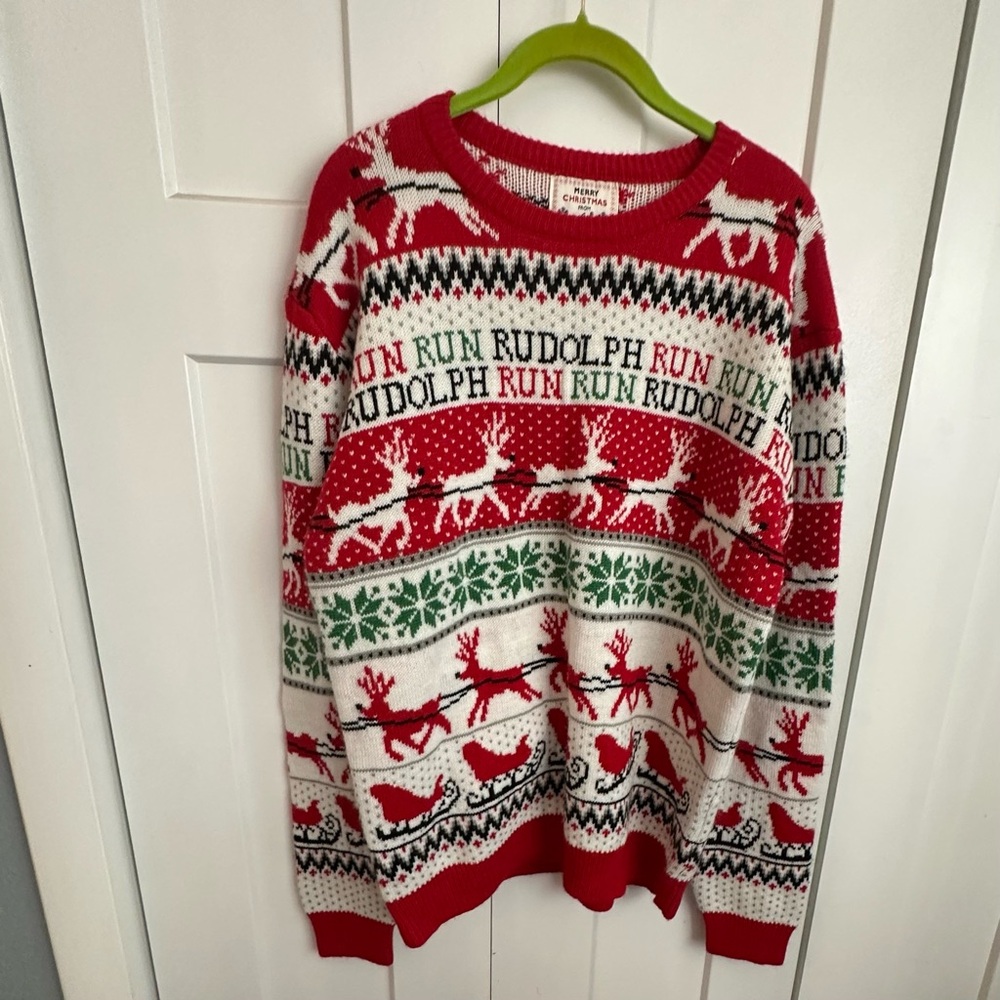 Ugly Christmas Sweater Festive Reindeer Crewneck Sweater - Red, White, Green